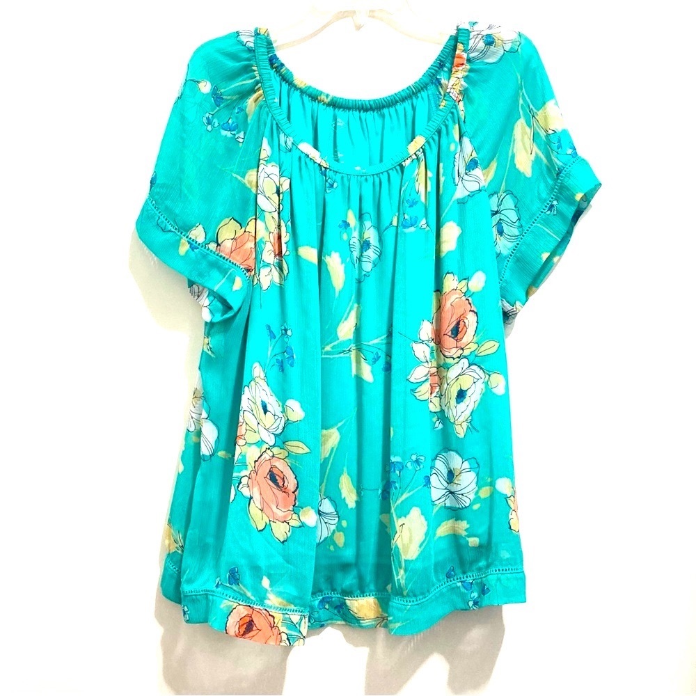 St. Johns Bay Women’s Turquoise Floral Chiffon Convertible Off-the-Should Top